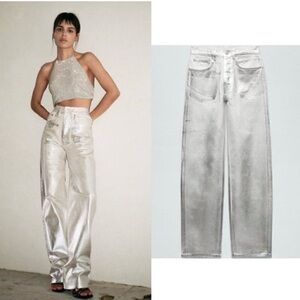 Zara Metallic Silver Straight Leg Pants